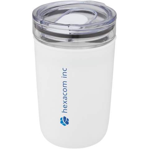 Glass tumbler protected by a recycled plastic case. The tumbler is made from 100% durable borosilicate glass which conserves the freshness of the beverage, and it does not contain any harmful chemicals. BPA-free, tested and approved under German Food Safe Legislation (LFGB). Tested and approved for phthalates content according to REACH regulations. The tumbler fits under most coffee machines. Volume capacity is 420 ml. By removing the plastic case, the item is dishwasher safe. Presented in a recycled cardboard gift box. 