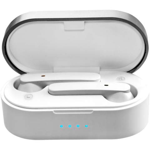 Kabellose Ohrhörer mit Bluetooth® 5.0 für eine qualitativ hochwertige Verbindung mit dem gekoppelten Gerät. Integriertes Mikrofon mit Freisprechfunktion zum Telefonieren. Zusätzliche Funktionen, die mit den Ohrhörern gesteuert werden können: Ein-/Ausschalten, Sprachassistent, Musiksteuerung, Lautstärkeregelung, Anrufe Annehmen/Abweisen/Beenden.