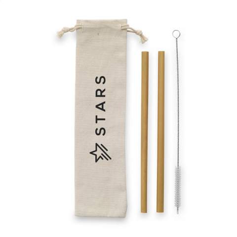 Two eco-friendly, reusable straws made from strong and durable bamboo. A good eco-friendly alternative to plastic straws. The biodegradable straws are compostable. Perfect for warm drinks like tea or coffee and cold drinks like smoothies or cocktails, adding an eco-aware, yet trendy touch. . (Also gives drinks a distinctive, trendy touch. Because) Bamboo is a natural material, therefore the thickness of the straws can vary. Includes stainless steel nylon cleaning brush. Supplied as a set with canvas pouch.