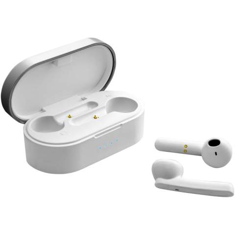 Kabellose Ohrhörer mit Bluetooth® 5.0 für eine qualitativ hochwertige Verbindung mit dem gekoppelten Gerät. Integriertes Mikrofon mit Freisprechfunktion zum Telefonieren. Zusätzliche Funktionen, die mit den Ohrhörern gesteuert werden können: Ein-/Ausschalten, Sprachassistent, Musiksteuerung, Lautstärkeregelung, Anrufe Annehmen/Abweisen/Beenden.
