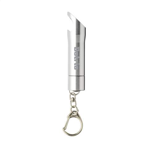 Aluminum torch with 3 bright white, energy-efficient LED light bulbs and a bottle opener. Comes on a carabiner hook. Batteries incl. Each item is individually boxed.