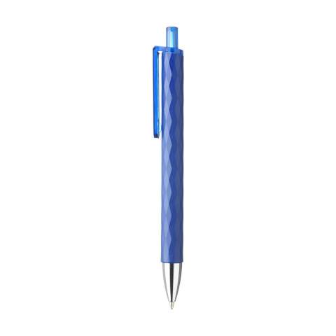 Blue ink pen with transparent clip and push button. The solid barrrel has an eye-catching 3D graphic diamond pattern.