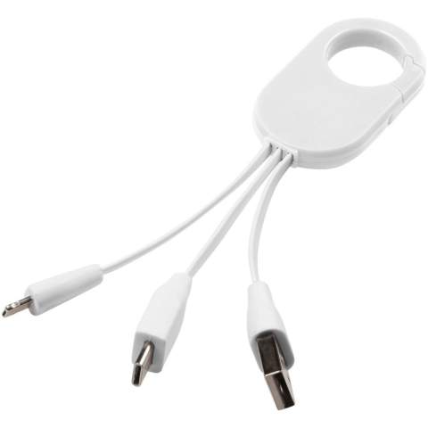 Le câble de charge Troop 3-en-1 comprend un embout USB de type C et un embout double compatible 2-en-1 pour les appareils Apple® iOS et Android. Il est doté d'un mousqueton pour l'accrocher facilement à votre sac.