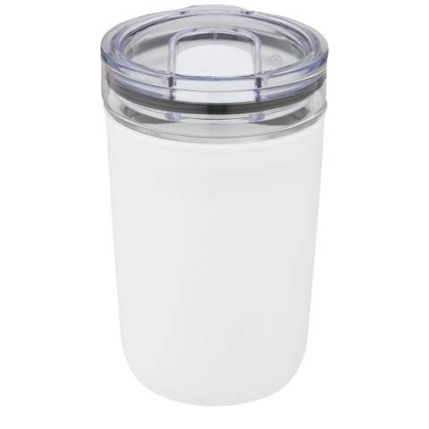 Glass tumbler protected by a recycled plastic case. The tumbler is made from 100% durable borosilicate glass which conserves the freshness of the beverage, and it does not contain any harmful chemicals. BPA-free, tested and approved under German Food Safe Legislation (LFGB). Tested and approved for phthalates content according to REACH regulations. The tumbler fits under most coffee machines. Volume capacity is 420 ml. By removing the plastic case, the item is dishwasher safe. Presented in a recycled cardboard gift box. 
