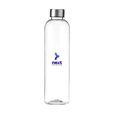 Slim water bottle made from high-quality PCTG SK plastic. This reusable bottle has a handy stainless steel screw cap. Leak proof. Not dishwasher-safe. Capacity 1,000 ml.