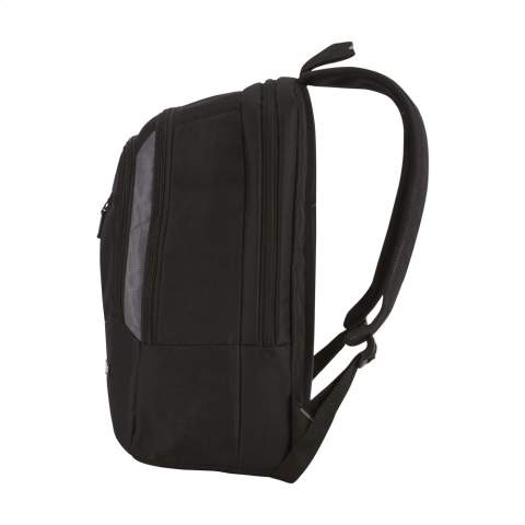 17-inch laptop backpack from the Case Logic brand. This dobby nylon bag has a practical layout. The separate laptop compartment with protective foam can be opened three-quarters, suitable for widescreen laptops with a screen size of up to 17 inches. An extra compartment offers space for books, documents and folders. The Smart Organisation compartment is useful for storing electronics, pens and other accessories. A Speed Pocket™ is included in the front of the backpack: an easily accessible place for storing valuables, travel documents and/or identity cards. With a mesh pocket, adjustable, comfortable shoulder straps and padded handle. This bag also has sturdy zips. Foam reinforcement on the back guarantees extra comfort when carrying. Capacity approx. 25 litres.