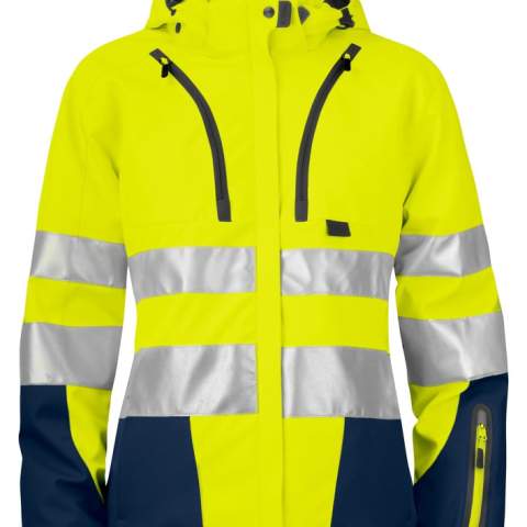 • gewatteerde, doorstikte voering<br />• wind, waterafstotende en ademende softshell<br />• aanpasbare en afneembare capuchon<br />• fleecegevoerde kraag en zijzakken<br />• twee schuinlopende, verticale borstzakken, de linker met telefoonzakje binnenin                         <br />• ritssluiting aan de voorzijde die bedekt is met een flap• Deze stormflap kan afgesloten worden met drukknopen<br />• twee zijzakken<br />• één mouwzakje op linkermouw<br />• lus voor badgehouder<br />• ventilatieopeningen in mesh onder de oksels met ritssluiting<br />• aanpasbare taille<br />• aanpasbare manchetten<br />• verlengd rugpand <br />• reflecterende biezen op mouwen en rug