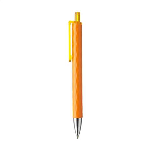 Blue ink pen with transparent clip and push button. The solid barrrel has an eye-catching 3D graphic diamond pattern.