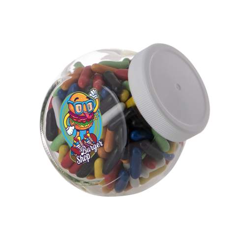 Klein glazen potje 0,4 liter met wit deksel, voorzien van een full colour sticker aan beide zijden en gevuld met Dropstaafjes mix