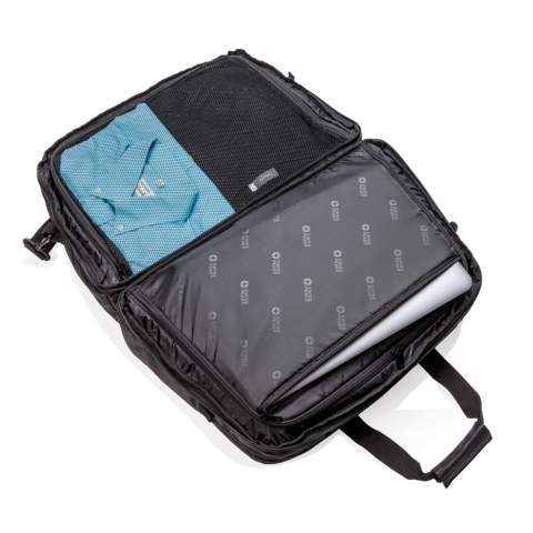 Das neue Design vereint das Beste aus beiden Welten, es enthält die Portabilität einer Reisetasche mit der Organisation und Öffnung eines Koffers. Die Tasche verfügt über eine umlaufende Öffnung mit Zugriff auf zwei Fächer und einem separaten 15.6'' Laptopfach. Auf der Rückseite befindet sich ein extra Fach für Ihre Zeitung sowie ein Reißverschlussfach mit RFID Schutz. Auf der Vorderseite befinden sich noch zwei weitere große Reißverschlusstaschen. PVC-frei.<br /><br />FitsLaptopTabletSizeInches: 15.6<br />PVC free: true