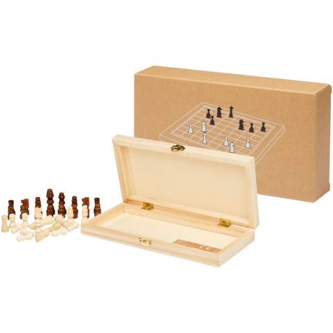 Enjoy the intellectual stimulation of chess wherever you go with the King chess set. Providing a perfect combination of portability and elegance, this set includes 32 chess pieces in brown and ivory colours that are beautifully crafted from responsibly sourced pine wood. The foldable wooden case allows for convenient storage and transportation. The sturdy metal hinges and lock ensure that the chess set always remains secure and protected. Delivered with a kraft paper gift box and an instruction manual.