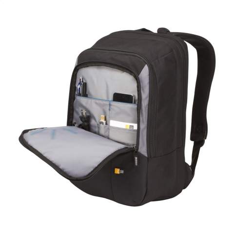 17-inch laptop backpack from the Case Logic brand. This dobby nylon bag has a practical layout. The separate laptop compartment with protective foam can be opened three-quarters, suitable for widescreen laptops with a screen size of up to 17 inches. An extra compartment offers space for books, documents and folders. The Smart Organisation compartment is useful for storing electronics, pens and other accessories. A Speed Pocket™ is included in the front of the backpack: an easily accessible place for storing valuables, travel documents and/or identity cards. With a mesh pocket, adjustable, comfortable shoulder straps and padded handle. This bag also has sturdy zips. Foam reinforcement on the back guarantees extra comfort when carrying. Capacity approx. 25 litres.