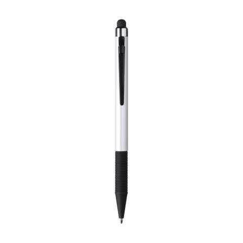 Blue ink, lightweight pen with top/pointer to operate touch screens (eg iPhone/iPad). Slim barrel with metallic look and clip, which is also on/off button and rubber grip.