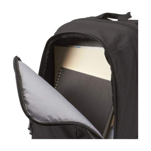 17-inch laptop backpack from the Case Logic brand. This dobby nylon bag has a practical layout. The separate laptop compartment with protective foam can be opened three-quarters, suitable for widescreen laptops with a screen size of up to 17 inches. An extra compartment offers space for books, documents and folders. The Smart Organisation compartment is useful for storing electronics, pens and other accessories. A Speed Pocket™ is included in the front of the backpack: an easily accessible place for storing valuables, travel documents and/or identity cards. With a mesh pocket, adjustable, comfortable shoulder straps and padded handle. This bag also has sturdy zips. Foam reinforcement on the back guarantees extra comfort when carrying. Capacity approx. 25 litres.