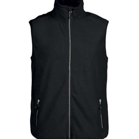 Geborstelde bodywarmer met lange ritssluiting voor dames en heren. Geborsteld aan beide zijden. Twee voorzakken, contrasterende ritssluitingen en decoratieve stiksels op de mouwen. Elastische tape aan de boord onderaan en de manchetten.