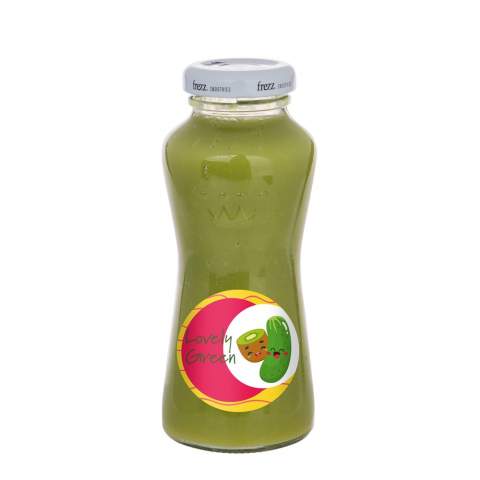 200 ml smoothie kiwi, lime, spinach and cucumber in a glass bottle with white cap.