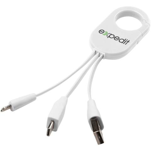 Le câble de charge Troop 3-en-1 comprend un embout USB de type C et un embout double compatible 2-en-1 pour les appareils Apple® iOS et Android. Il est doté d'un mousqueton pour l'accrocher facilement à votre sac.