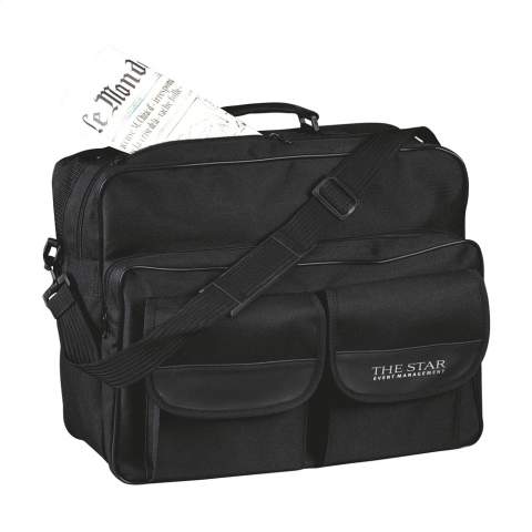 Document bag made of 600D polyester with large pockets, reinforced handle and adjustable/detachable shoulder strap.