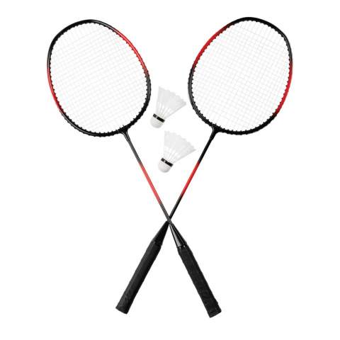 Set of 2 badminton rackets and 2 shuttles packed in a PVC free and non woven pouch to bring the set with you on a day out or on your holiday.
