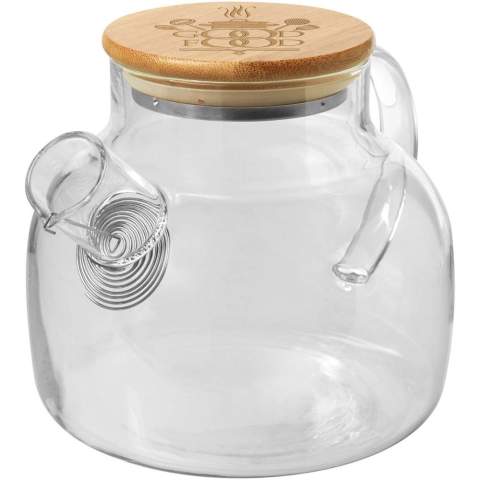 Theepot van borosilicaatglas met een bamboe deksel en een roestvrijstalen theezeefje. Door de aard van het bamboemateriaal kan de kleur licht variëren. Inhoud: 1000 ml.