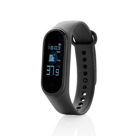 Always keep an eye on your body temperature and your general health with this bracelet with integrated body temperature sensor. ( up to max 0.2 degrees deviation)  The bracelet has a 0’96 TFT colour screen. Functions: BT 4.2, IP67 waterproof, incoming call/message, stopwatch, multi sport mode, calories burnt, step count and sleep monitor. The armband is made from soft TPU so it is comfortable to wear all day long.  With 90 mah grade A battery that allows a standby time up to 5 days.<br /><br />HasBluetooth: True