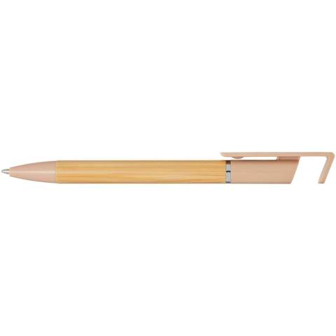 Bamboo-Kugelschreiber, der auch als Telefonhalterung fungiert. Der Knopf und der Mittelring bestehen aus recyceltem Kunststoff, die Spitze aus Messing und der Schaft aus nachhaltig angebautem Bambus. Tintenfarbe: Schwarz. Schreiblänge: 1000 Meter. Strichstärke: 1,0 mm.