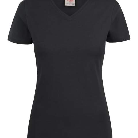 Moderne, aansluitende V-hals T-shirt met versterkte schoudernaden en dubbelgestikte halsopening. Elastaan in boord. Geribde nek in vier lagen. Oeko-Tex 100 gecertificeerd.