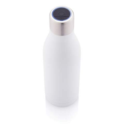 Deze vacuüm roestvrijstalen fles maakt gebruik van intelligente UV-C LED-technologie om de binnenkant van de fles te reinigen door geurveroorzakende bacteriën en virussen in ongeveer 5 minuten te elimineren. Prachtig vormgegeven ontwerp. Houd je water 15 uur koud en maximaal 5 uur warm met dubbelwandige geïsoleerde roestvrijstalen constructie. Wordt geleverd met USB oplaadbare 180 mAh Li-polymeer batterij. Hierdoor kan je de fles 14 x reinigen op een volle batterij.  Capaciteit 500 ml. BPA-vrij.<br /><br />HoursHot: 5<br />HoursCold: 15