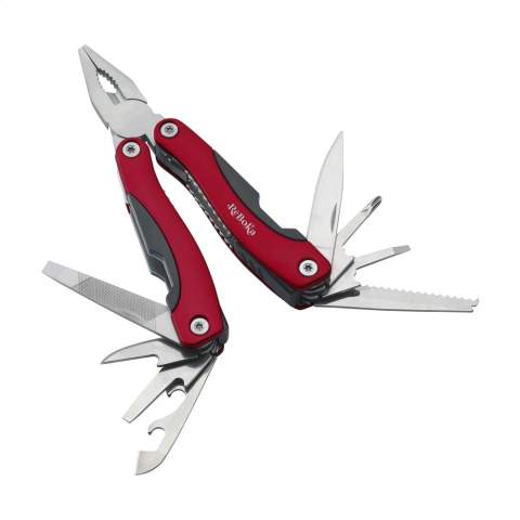 Compacte RVS multitang met aluminium handgreep in metallic look. 9-delig met 13 functies: tang, draadknipper, 3 schroevendraaiers, priem, vijl, blikopener, flesopener, visschraper, visonthaker, mes, philips kruiskopschroevendraaier. Met vergrendeling. In nylon etui. Op het bezit en/of dragen van messen of multitools in het openbaar kunnen lokale regels van toepassing zijn. Per stuk in kraft doos.