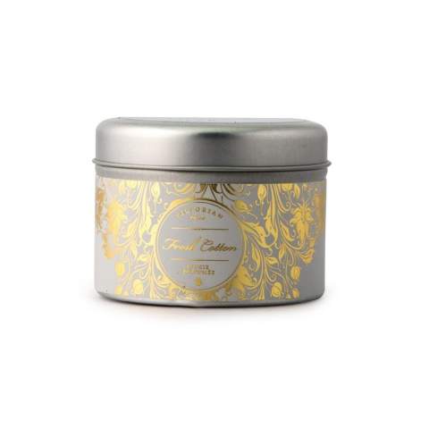 A scented candle in a tin from the Swedish brand Victorian. The tin has a metal lid. The scented candle has the scent of freshly washed cotton. Burn time 12 hours.