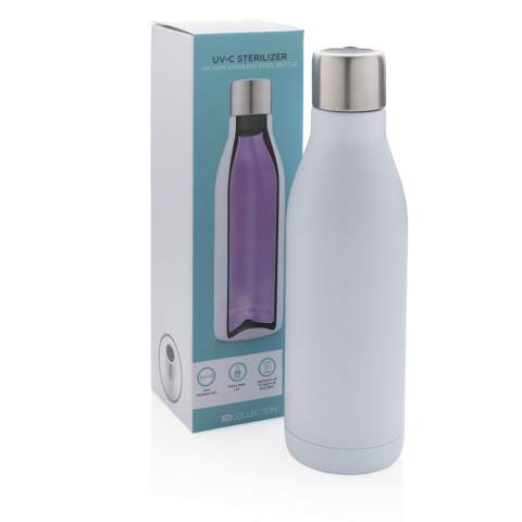 This UV-C steriliser vacuum stainless steel bottle uses intelligent UV-C LED technology to clean the inner surfaces of the bottle by eliminating odour-causing bacteria and viruses in about 5 minutes. Beautifully designed. Keep your water cold for up to 15 hours and hot for up to 5 hours with double wall insulated stainless steel construction. Comes with USB rechargeable 180 mAh Li-polymer battery, which enables you to sterilise your bottle up to 14 times on a full charge. Capacity 500ml. BPA free.<br /><br />HoursHot: 5<br />HoursCold: 15