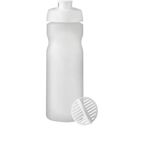 Single-wall sport bottle with shaker ball for the smooth mixing of protein shakes. Features a spill-proof lid with flip closure. Volume capacity is 650 ml. Made in the UK. BPA-free. EN12875-1 compliant and dishwasher safe.
