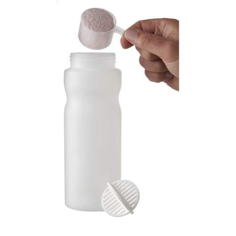 Single-wall sport bottle with shaker ball for the smooth mixing of protein shakes. Features a spill-proof lid with flip closure. Volume capacity is 650 ml. Made in the UK. BPA-free. EN12875-1 compliant and dishwasher safe.