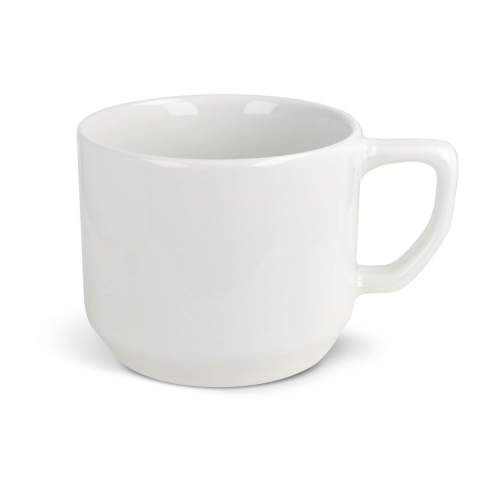 White mug made from porcelain. Clean style with a compact handle.