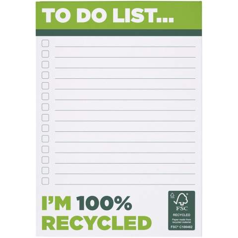 White A6 Desk-Mate® notepad with 80 g/m2 recycled paper. Full colour print available on each sheet. Available in 3 sizes (25/50/100 sheets).