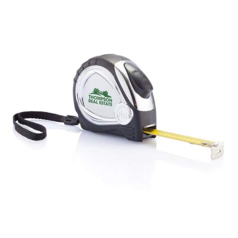 5m/19mm ABS chrome plated kast met soft rubber grip en geel mat tape. Inclusief riemclip en polsband.<br /><br />TapeLengthMeters: 5.00