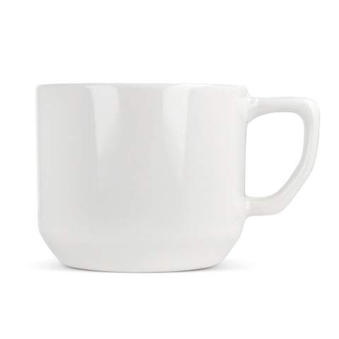 White mug made from porcelain. Clean style with a compact handle.