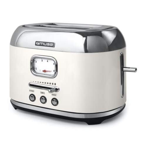 With this beautifully designed toaster from Muse you can put delicious toast on the table. This retro-style toaster is suitable for two toasts. The toaster is equipped with six toast settings, which are shown on the analogue display. The device also contains a stop button, with which you can stop toasting before the end time. In addition to toasting, you can also defrost bread. In addition, the pull-out crumb tray makes cleaning easier.