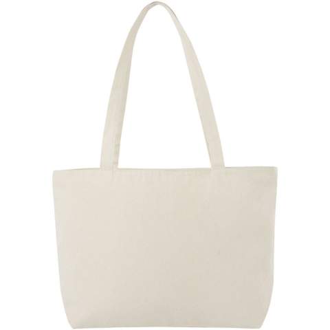 The clean design of the Ningbo gives this tote bag large imprint areas and is, therefore, a fantastic option for meetings, conventions and trade shows. The tote bag consists of 320 g/m² cotton, making it tremendously strong and suitable for carrying heavy items. The tote bag closes with a zipper, keeping the contents well protected. With 31.5 cm long handles, the Ningbo tote bag is easy to carry over the shoulder. Resistance up to 10 kg weight.
