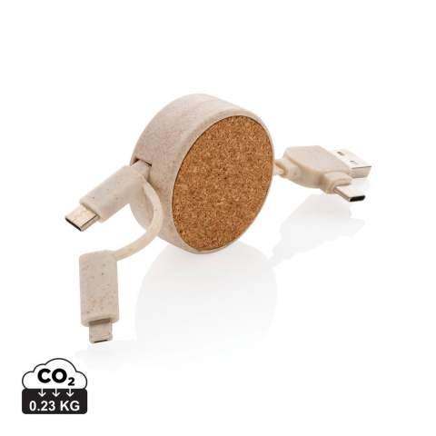 Câble rétractable fabriqué à partir de liège et fibre de paille de blé (35%) mélangé avec de l’ABS, qui vous permet de charger tout type d'article à partir de n'importe quelle source USB. L'entrée type C, est parfait pour les chargeurs de téléphone et les ordinateurs MacBook de nouvelle génération. Le câble possède également une entrée USB A ordinaire. Sortie : type C et connecteur double face pour les appareils IOS et Android. Longueur maximale du câble : 100 cm. Sans PVC.<br /><br />PVC free: true