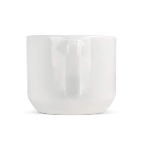 White mug made from porcelain. Clean style with a compact handle.