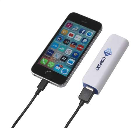ABS powerbank with built-in lithium battery (2200 mAh/3.7V). Input: 5V-800mA. Output: 5V-1A. The powerbank can be charged by USB with the delivered USB cable. Suitable for most mobile devices. Incl. instructions.