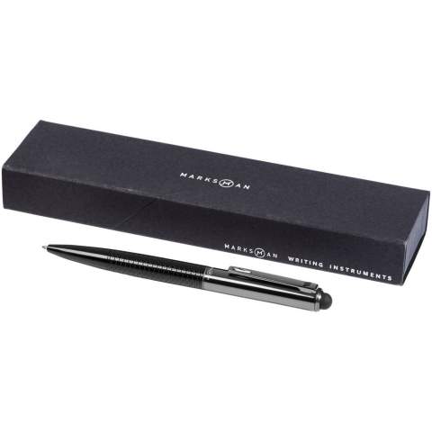 Exclusive design stylus ballpoint pen with stylish patterned lower barrel. Incl. premium quality black ink refill and packed in a Marksman gift box..