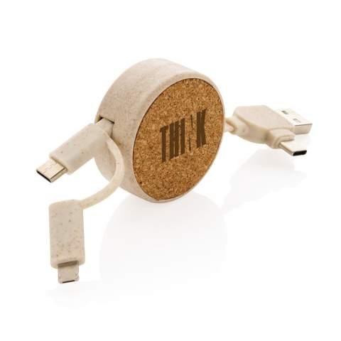 Câble rétractable fabriqué à partir de liège et fibre de paille de blé (35%) mélangé avec de l’ABS, qui vous permet de charger tout type d'article à partir de n'importe quelle source USB. L'entrée type C, est parfait pour les chargeurs de téléphone et les ordinateurs MacBook de nouvelle génération. Le câble possède également une entrée USB A ordinaire. Sortie : type C et connecteur double face pour les appareils IOS et Android. Longueur maximale du câble : 100 cm. Sans PVC.<br /><br />PVC free: true