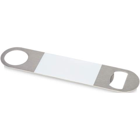 Flesopener van roestvrij staal met een groot gekleurd vlak in het midden.
