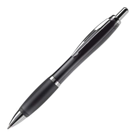 Stylo élégant transparent avec clip métal. Cartouche d' encre bleue mais à partir de 10.000 pces une autre couleur d'encre est possible. Grande capacité d'écriture. Produit en plusieurs coloris. Marquage en tampographie et en sérigraphie. Audit BSCI. Tous nos produits sont testés et certifiés, et répondent  aux normes sociales. 
