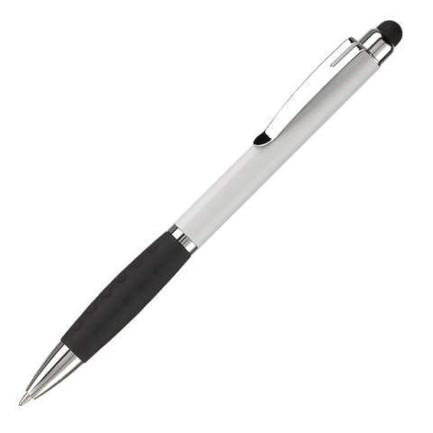Kunststoff Touch Screen Pen-Toppoint Design. Metallclip und schwarze Gummimanschette. Drehmechanik. Blauschreibend. 