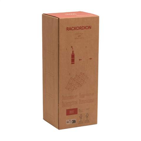 Rackpack Wine Rack: a wine gift box and wine rack in one. A gift box for one bottle of wine. When fully opened, this product becomes a wine rack that can accommodate six wine bottles. With a handy cotton carrying strap.   Rackpack: a wine gift box made of wood with a new second life!  • suitable for one bottle of wine • when unfolded suitable for six bottles of wine • pine wood • wine not included. Each item is supplied in an individual brown cardboard box.