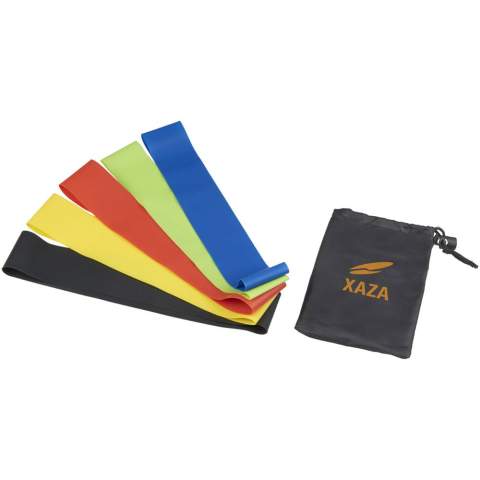 Set of 5 high tensile strength and durable resistance bands (60x5 cm.) of different strengths. Each offer a smooth and consistent stretch to provide force on the muscles to improve strength and help you shape and tone your body. Widely used in all kinds of exercise sports. Includes pouch for storage and decoration. Size and strength for the different bands: green 0.35 mm/4.5 kg/10 lbs, blue 0.50 mm/5.4 kg/12 lbs, yellow 0.7 mm/7.2 kg/16 lbs, red 0.9 mm/8.1 kg/18 lbs, black 1.1 mm/9 kg/20 lbs.