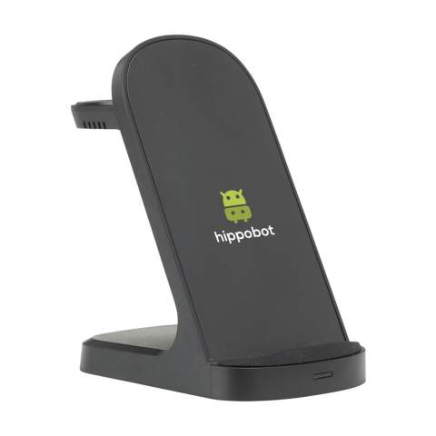 Sturdy 3-in-1 charging stand made from recycled ABS. The ideal wireless charger for quickly charging your phone, earphones and smartwatch simultaneously. A robust stand with a non-slip bottom and an indicator light. Input: Type C DC9V/3A. Wireless Output: 15 W. Wireless Output smartwatch: 2W. Wireless Output earphones: 3W. Includes a rTPE charging cable Type-C connection and user manual. RCS certified. Total recycled material: 30%. Each item is individually boxed.